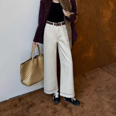 爆犀牛~九分加绒加厚阔腿牛仔裤