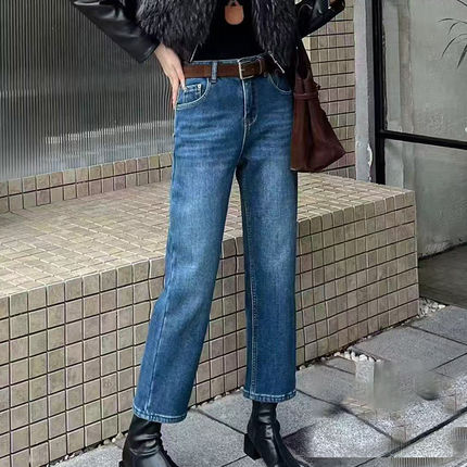 韩尚裤业2025冬季新款高腰小个子加绒加厚直筒牛仔裤女九分烟管裤