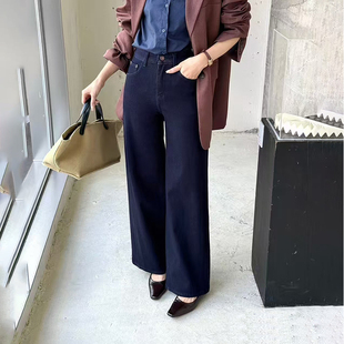 女宽松直筒裤 深蓝色爱心刺绣四面弹阔腿牛仔裤 业2025秋新款 韩尚裤
