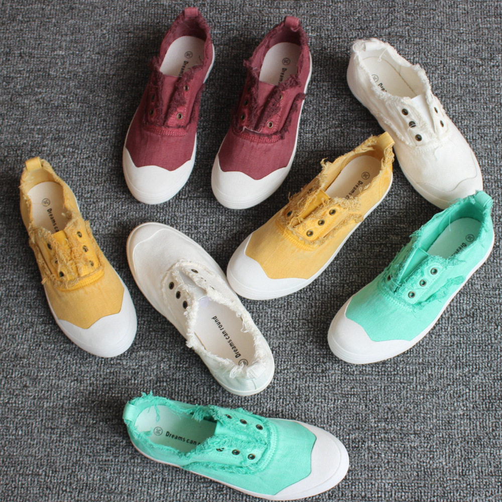 韩国布鞋水洗做旧女鞋帆布鞋纯色糖果色流苏舒适软拉毛韩版平底鞋