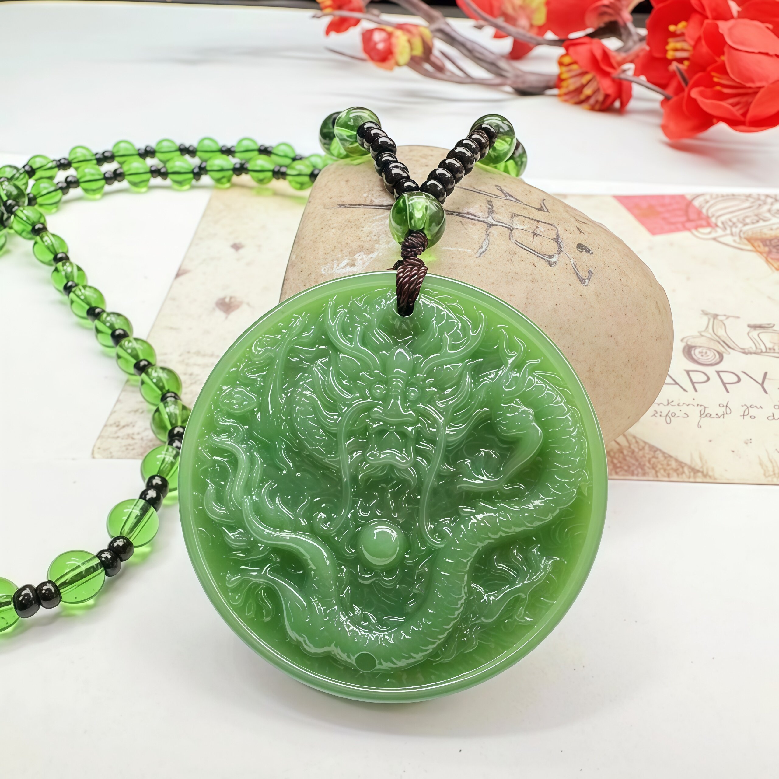 国风款推荐绿钰神龙圆牌全珠套链简约精美吊坠挂件男女情侣通用款