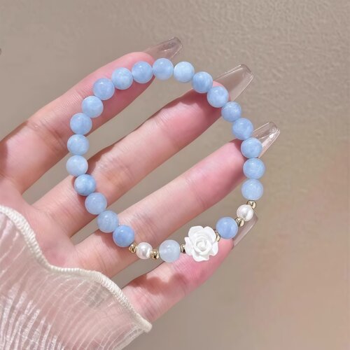 海蓝宝手链女2026新款小众设计高级精致串珠山茶花手饰送女友礼物