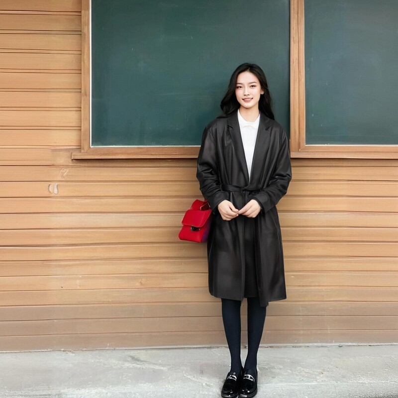 海宁高定春秋季女士长款小绵羊皮系带收腰显瘦时尚风衣外套潮