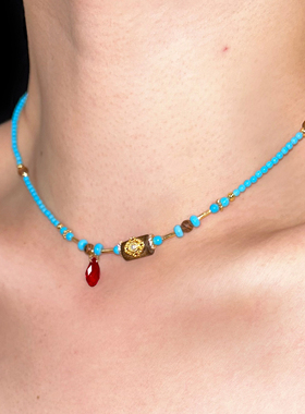 SU浮空岛「青山轮转」小众高级感仿绿松石串珠项链红蓝撞色锁骨链