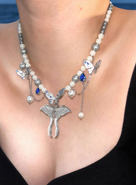 SU浮空岛「夜雾飞行」原创小众高级感蝴蝶珍珠锁骨链蓝灰色项链女