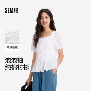 2025夏新款 衬衫 女方领泡泡袖 纯棉绣花衬衣 修身 商场同款 森马短袖