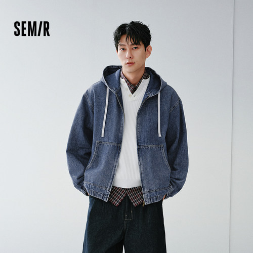 森马复古牛仔外套抽绳连帽夹克男