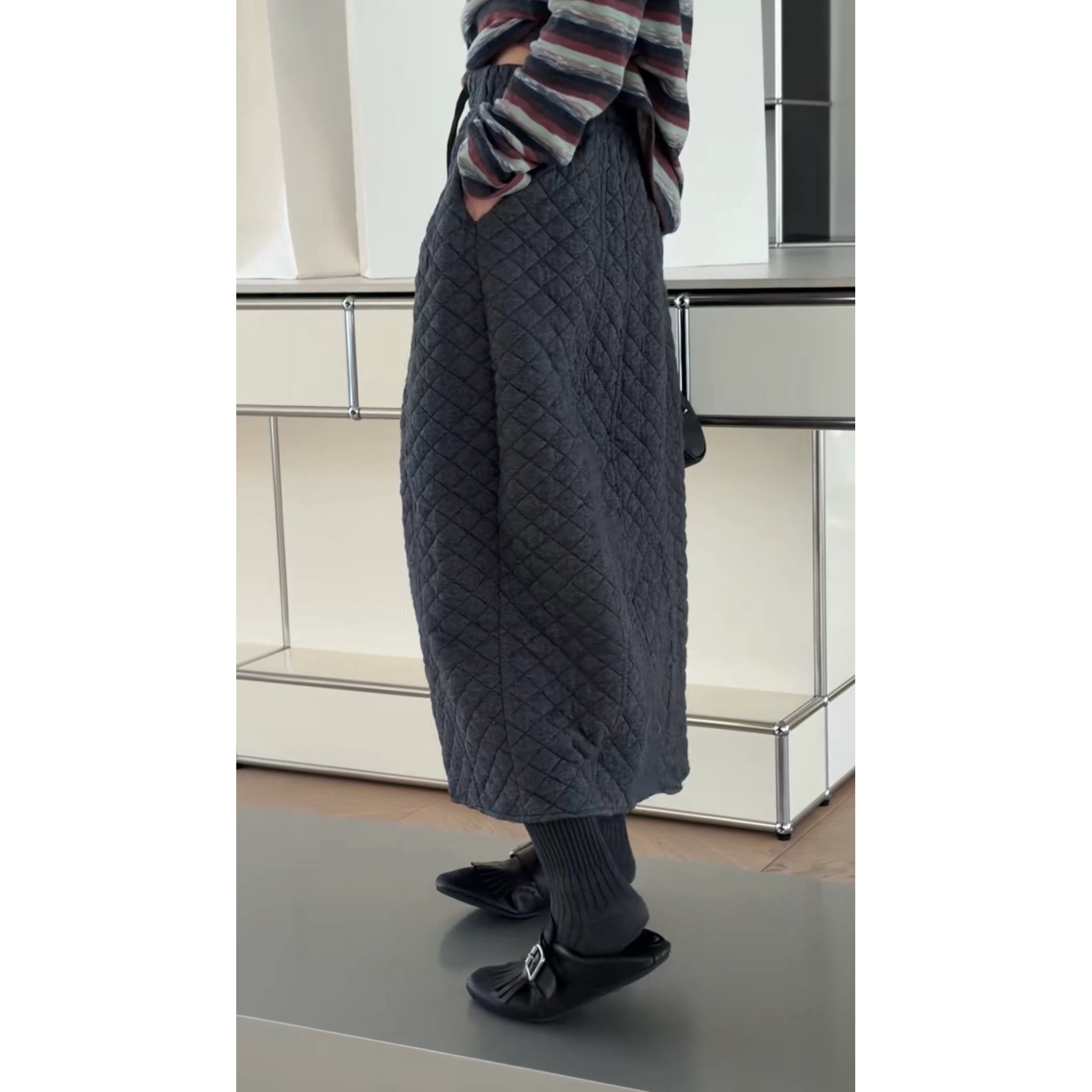 秒发诗歌兰96616小众极简设计感松紧腰休闲菱形格棉裙女25秋冬款