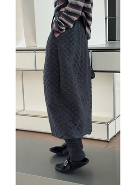 秒发诗歌兰96616小众极简设计感松紧腰休闲菱形格棉裙女25秋冬款