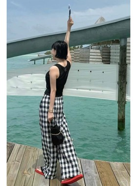秒发诗歌兰58350慵懒简约温柔格子阔腿裤防晒休闲裤2025新款女装