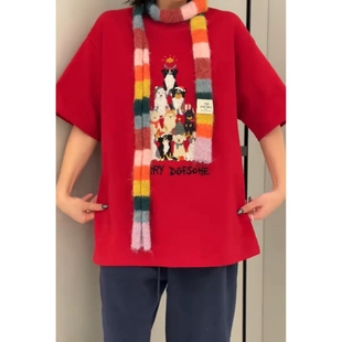 25年冬 T恤女装 现发诗歌兰Z642潮流个性 简约搭配条纹围巾小狗短袖