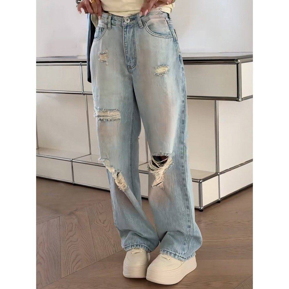 秒发主推诗歌兰2508做旧破洞牛仔裤松弛感潮女裤百搭宽松2025秋冬