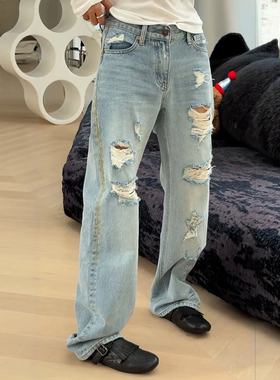 秒发正品诗歌兰99856破洞牛仔裤百搭直筒小众巨美25早秋新款女装