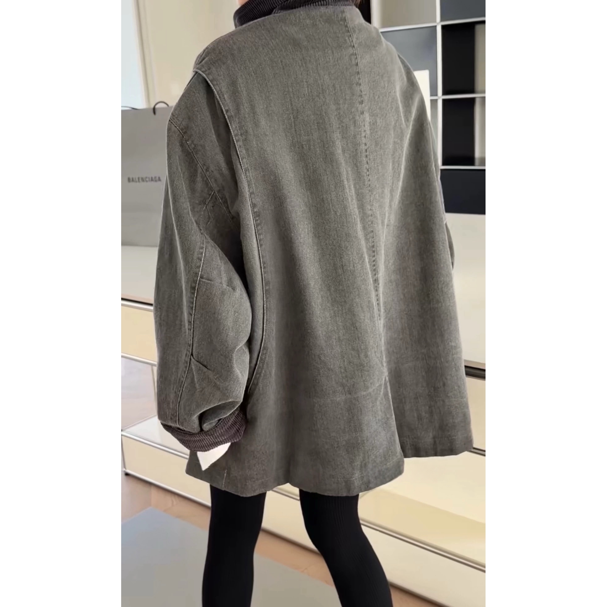 秒发诗歌兰3140时髦小众工装做旧灰色中长款口袋牛仔外套女2025秋