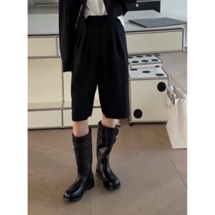 现发诗歌兰C52194小众通勤高腰显瘦中裤金炼西裤女秋季新品2025