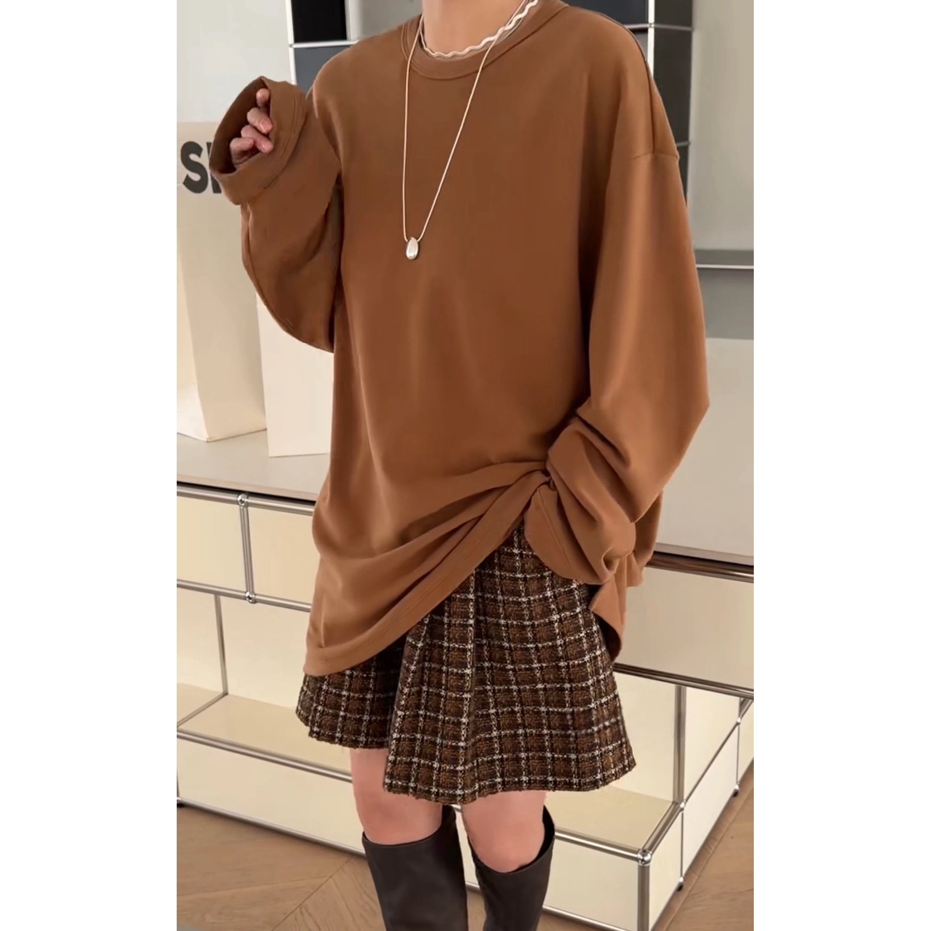 现发诗歌兰0080百搭舒适休闲圆领长袖德绒糯米T恤女25秋冬款主推