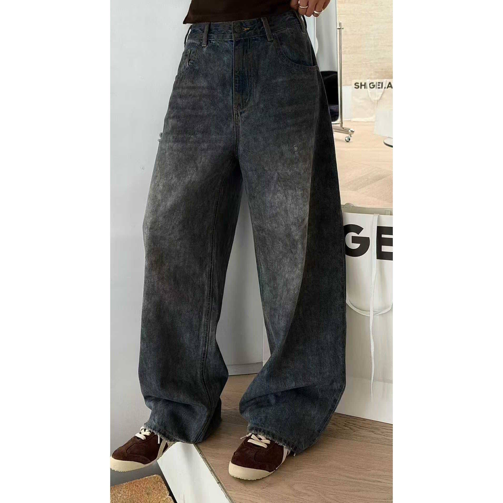 秒发新款诗歌兰58457潮流气质灰蓝色直筒显瘦脏脏牛仔裤女25秋季