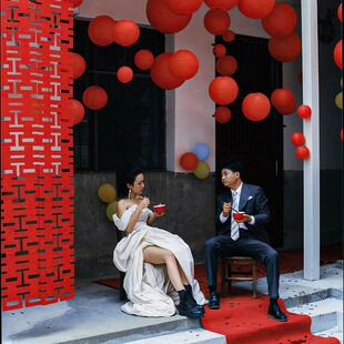 长条喜农村院子外墙壁装饰长条六连喜长条喜字玫红拉花婚房布置