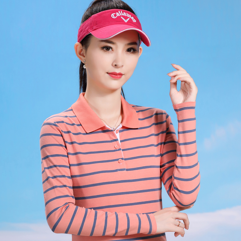 新奇鼠女春装翻领条纹长袖t恤中年上衣有领妈妈装纯棉打底衫外穿T
