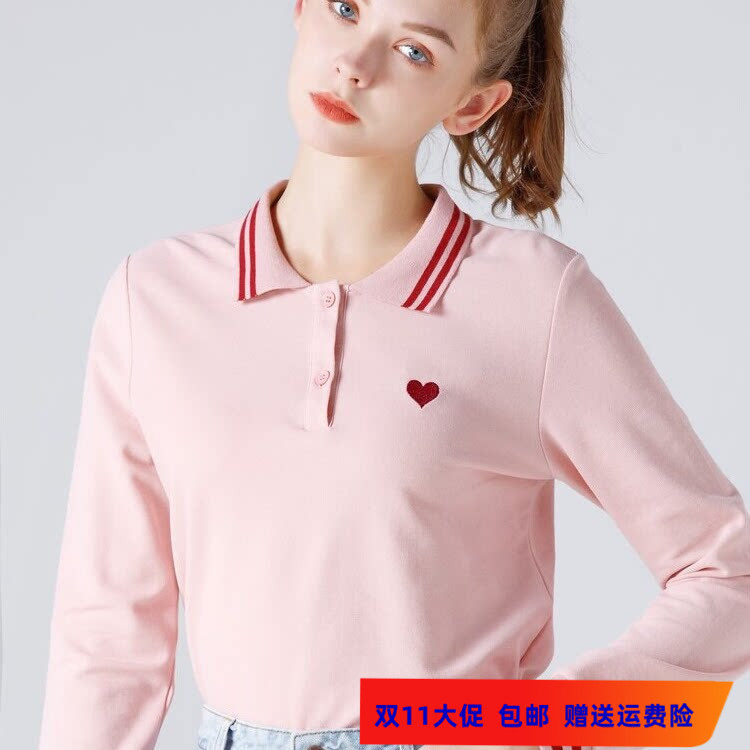 秋季新品学院风女长袖纯色POLO衫高中学生爱心刺绣校服上衣运动衫