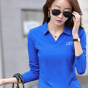 纯色长袖女T恤衫薄款刺绣翻领胖MM休闲大码女士上衣棉工作服POLO