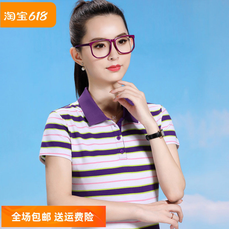 新奇鼠条纹短袖女T恤撞色翻领纯棉POLO衫中青年修身显瘦气质上衣t