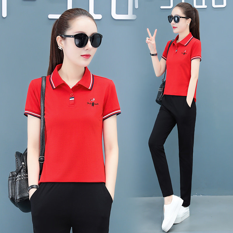 2026夏季女运动套装薄款棉小个子时尚洋气休闲翻领短袖长裤两件套