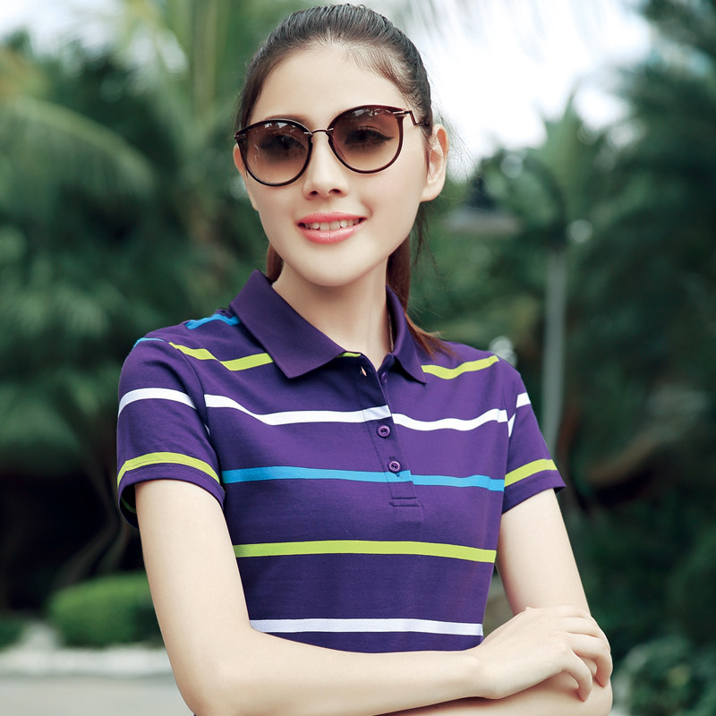 紫色条纹短袖女t恤夏季翻领纯棉上衣休闲大码中年妈妈有领运动衫T