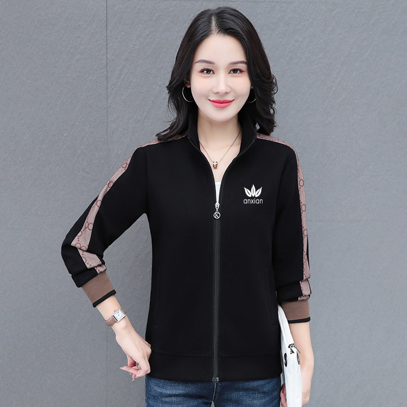 时尚女运动服春季字母开衫立领卫衣棉质休闲小外套宽松中年女上衣