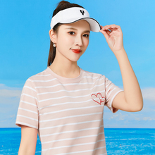 休闲圆领女T恤条纹刺绣高档面料夏天清凉短袖大码运动上衣纯棉女T