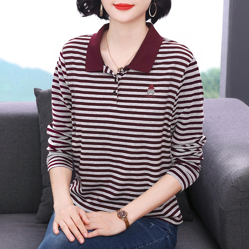 显白蓝条纹衫宽松遮肚妈妈装上衣