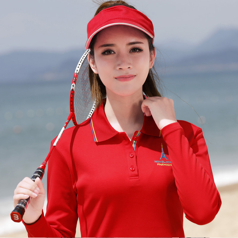 中国红长袖女T恤翻领纯棉打底衫外穿中年妈妈运动服春装舒适减龄T