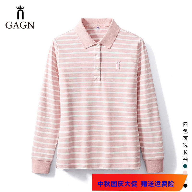 纯棉条纹长袖T恤女POLO衫妈妈潮T