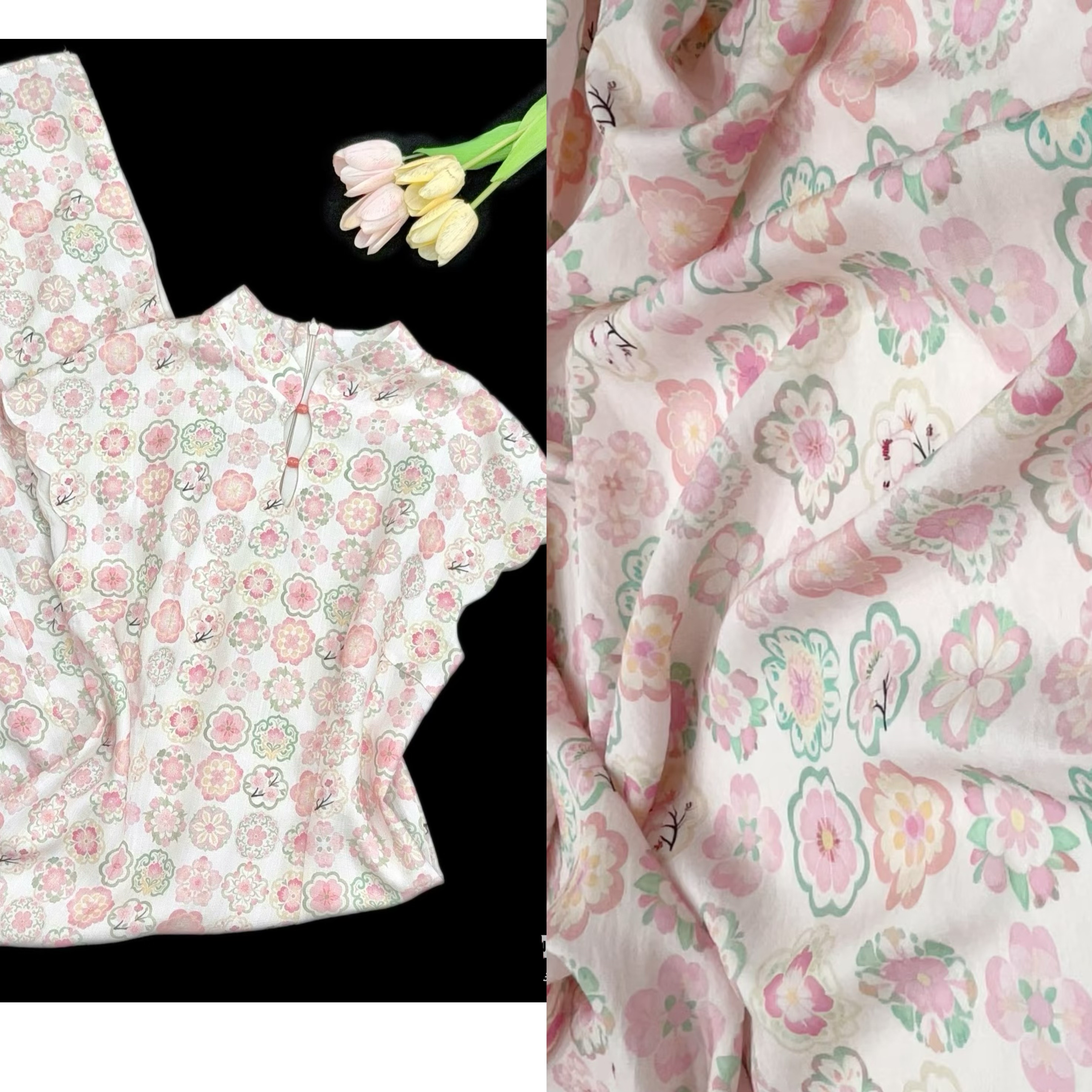 粉桃花汉服宋锦团花纹印花纯棉布料60支府绸全棉旗袍DIY手工面料图片