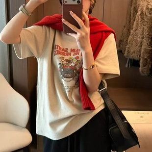 2025冬新款复古宽松慵懒风减龄圆领卡通印花米色磨毛短袖T恤女潮