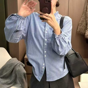 2025冬新款单排扣竖条纹加绒衬衫女灯笼袖立领百搭显瘦白色衬衣女