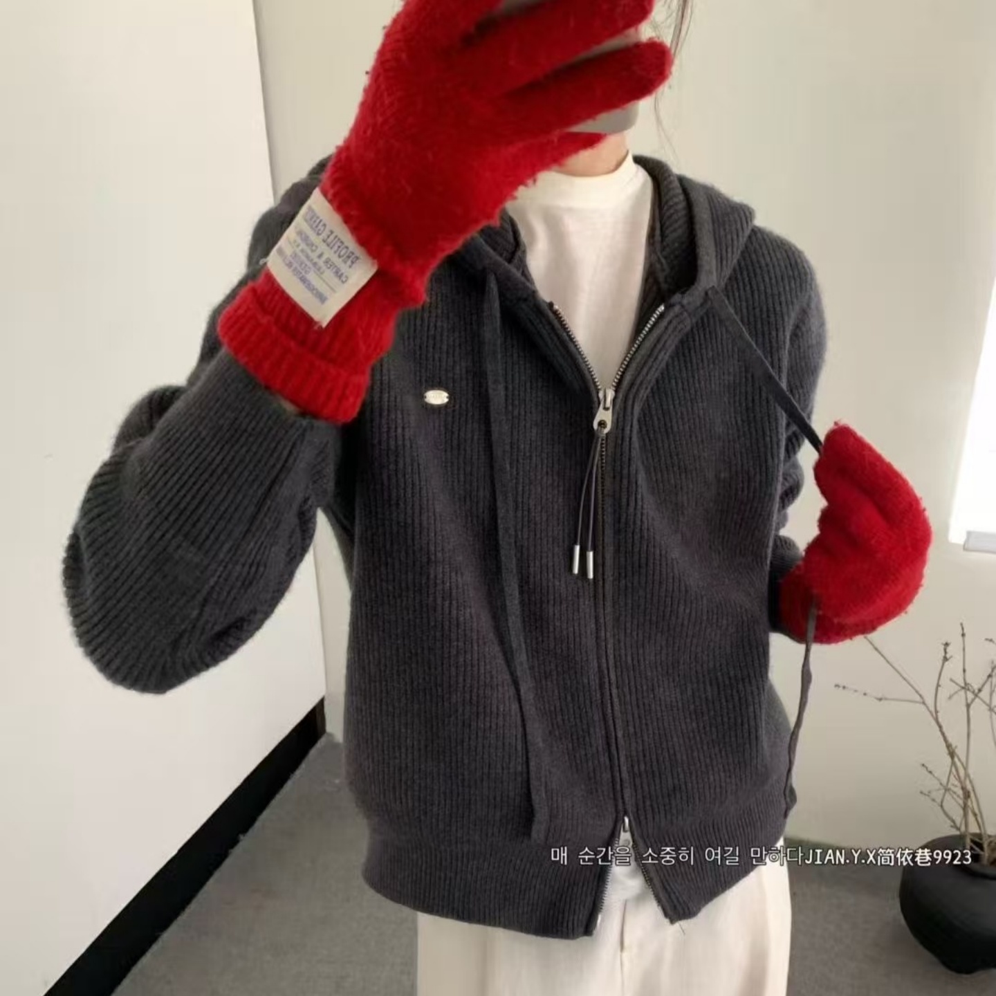 2025冬新款韩系连帽拉链针织开衫女宽松百搭羊毛减龄灰色毛衣女