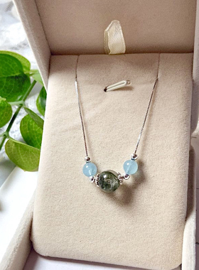 天然绿幽灵海蓝宝925纯银吊坠锁骨链五行补木水项链招财饰品礼物