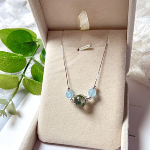 天然绿幽灵海蓝宝925纯银吊坠锁骨链五行补木水项链招财饰品礼物
