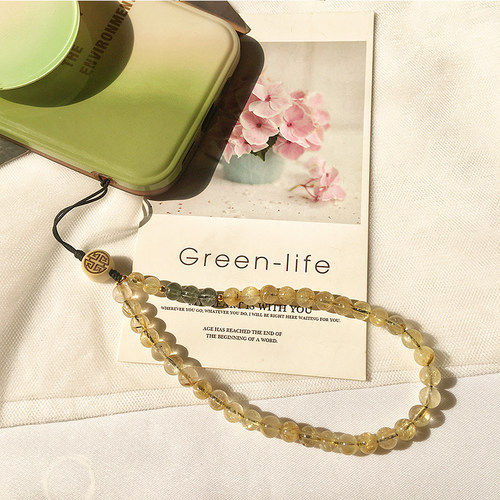 原创天然金发晶水晶手机挂件黄水晶手机链挂绳短款套手腕挂饰品女