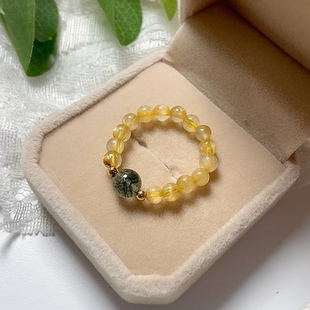 天然金发晶钛晶串珠戒指女招财转运水晶弹力绳指环绿幽灵戒指尾戒