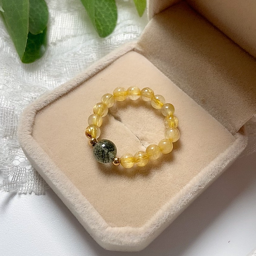 天然金发晶钛晶串珠戒指女绿幽灵