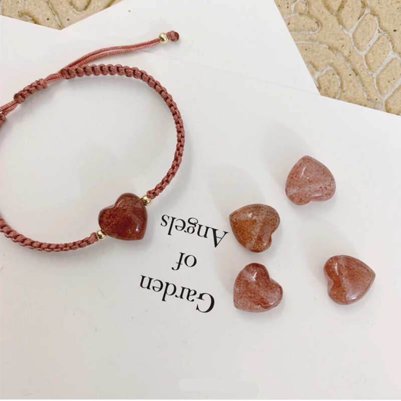 天然草莓晶爱心手链 手工编织心形手绳 招桃花旺姻缘女友生日礼物