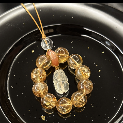 天然黄水晶貔貅手机链手捻指环