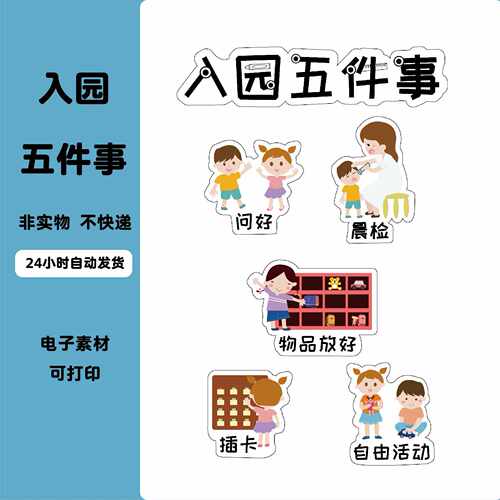 A147幼儿园入园来园五件事入园我知道步骤流程开学季环创电子素材