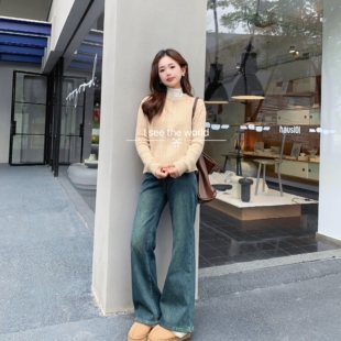 小小家 小个子小码加绒微喇叭牛仔裤高腰保暖显高瘦长款裤子150