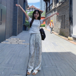 高腰直筒抖抖凉凉裤 小小家 薄款 小个子水墨画冰丝阔腿裤 女夏季