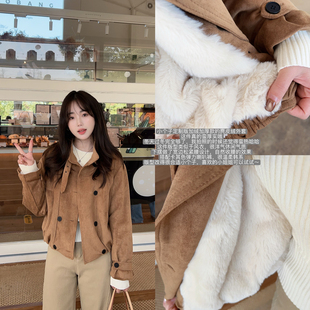 小小家小个子 加绒加厚麂皮绒外套下摆收腰宽松洋气上衣夹克
