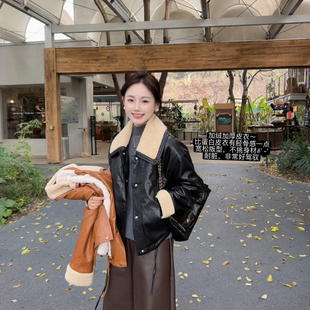 小小家小个子 加绒加厚气质皮衣外套秋冬保暖简约宽松上衣女150xs