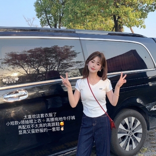 小小家 小个子小码V领短袖修身T恤侧面抽褶25年基础薄款百搭上衣